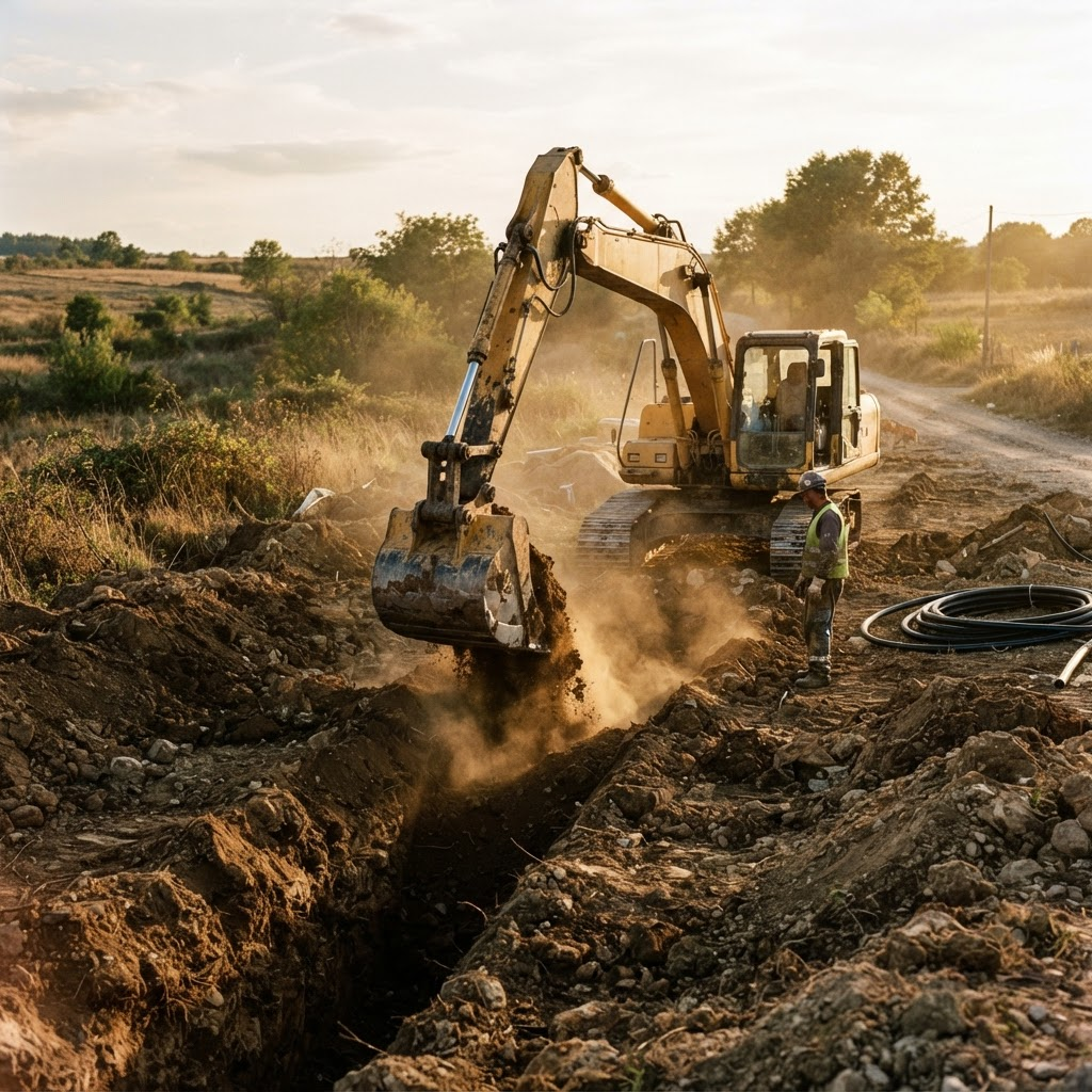 Excavator trenching a water line on a rural job site
